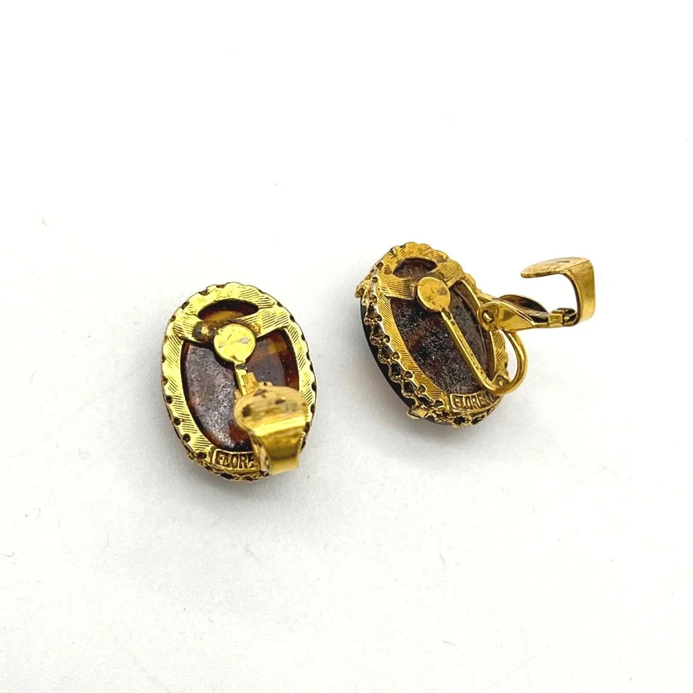 Vintage Florenza Signed Root Beer Cameo Clip On Earrings Gold Tone‎